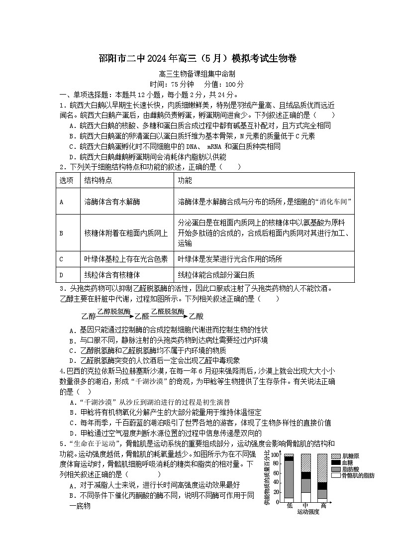 湖南省2024届邵阳市二中2024年高三下学期三模生物试题01