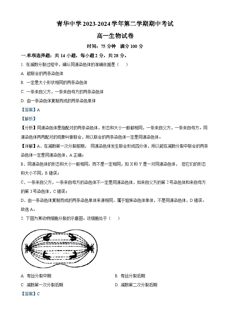 江苏省宿迁市青华中学2023-2024学年高一下学期期中考试生物试题（原卷版+解析版）01