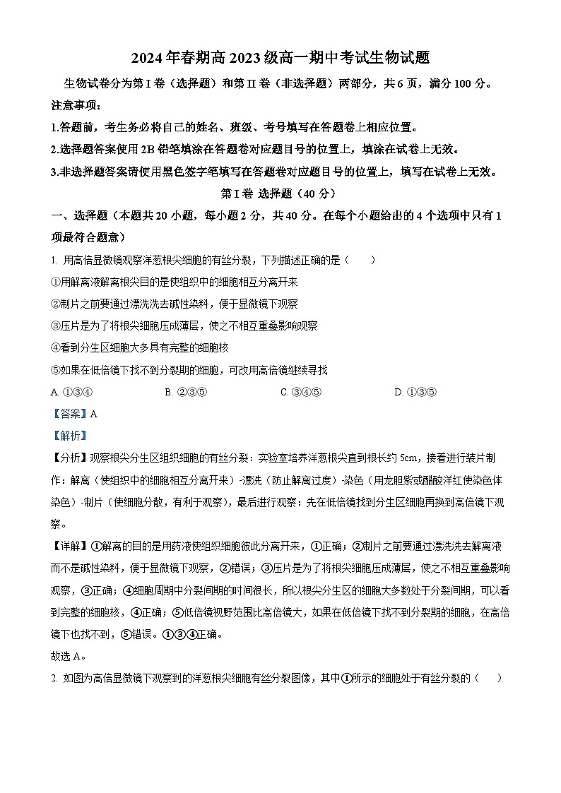四川省泸州市合江县马街中学校2023-2024学年高一下学期5月期中考试生物试题（原卷版+解析版）01
