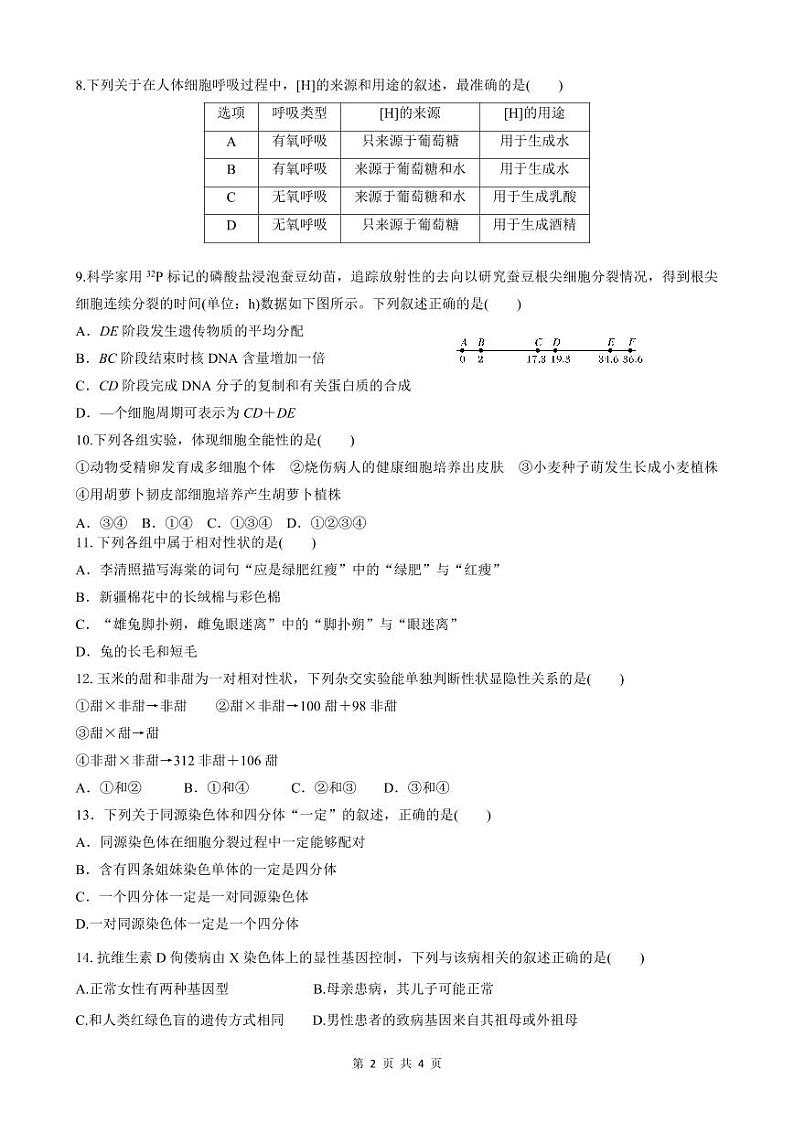 2024浙江省余姚中学高一下学期期中考试生物（学考）PDF版含答案（可编辑）02