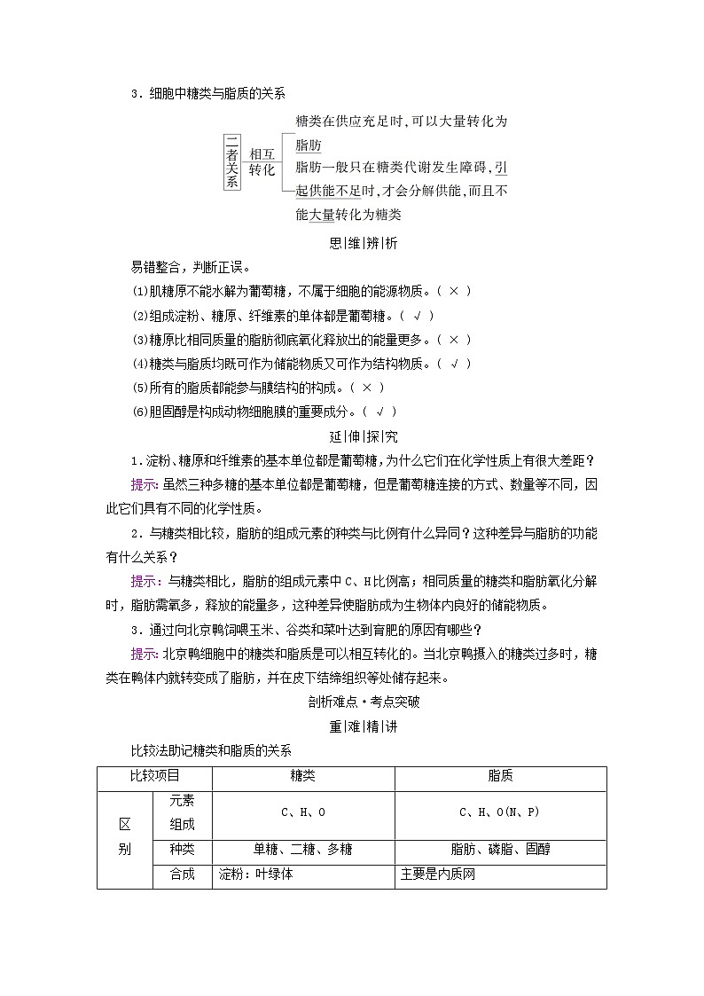 高考生物一轮总复习必修1第一单元第二讲考点二糖类脂质的种类和作用学案第2页