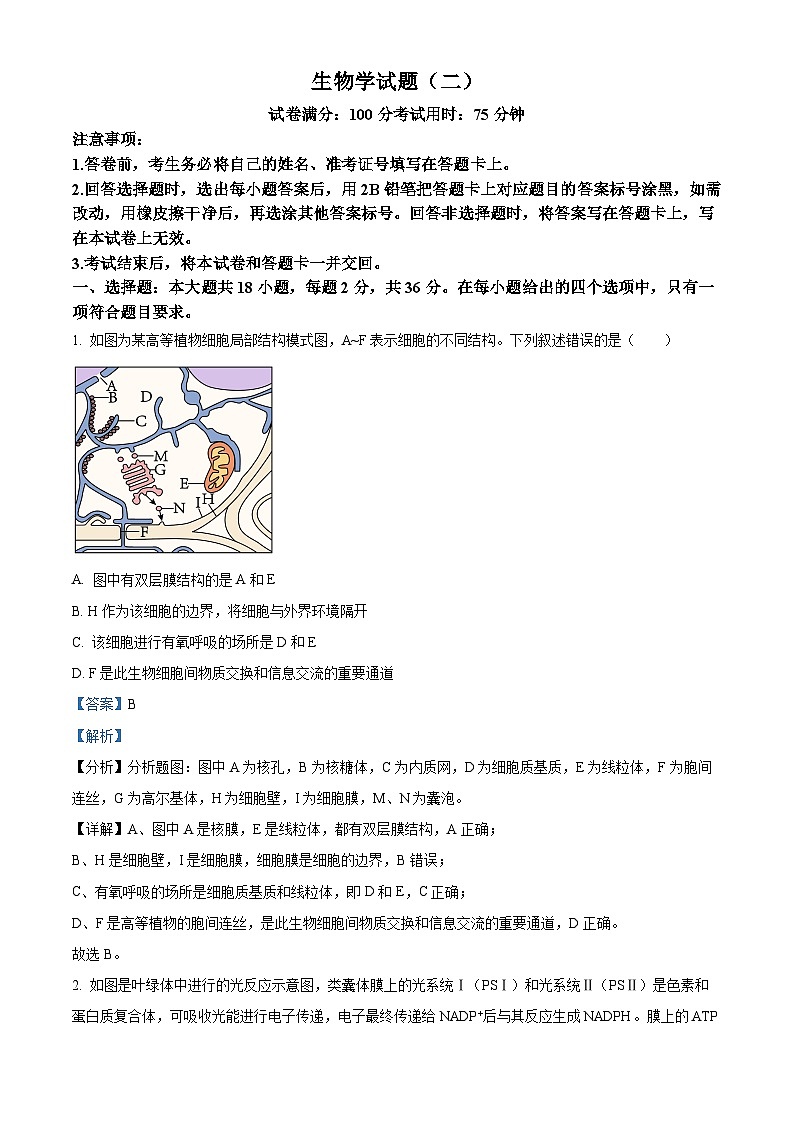 2024届甘肃省张掖市某校高三下学期模拟考试生物试题01