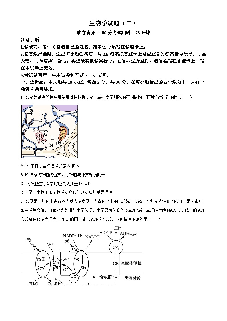 2024届甘肃省张掖市某校高三下学期模拟考试生物试题01