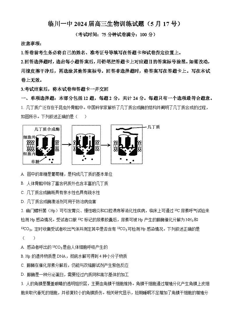 2024届江西省抚州市临川第一中学高三下学期5月训练检测生物试题（原卷版）第1页
