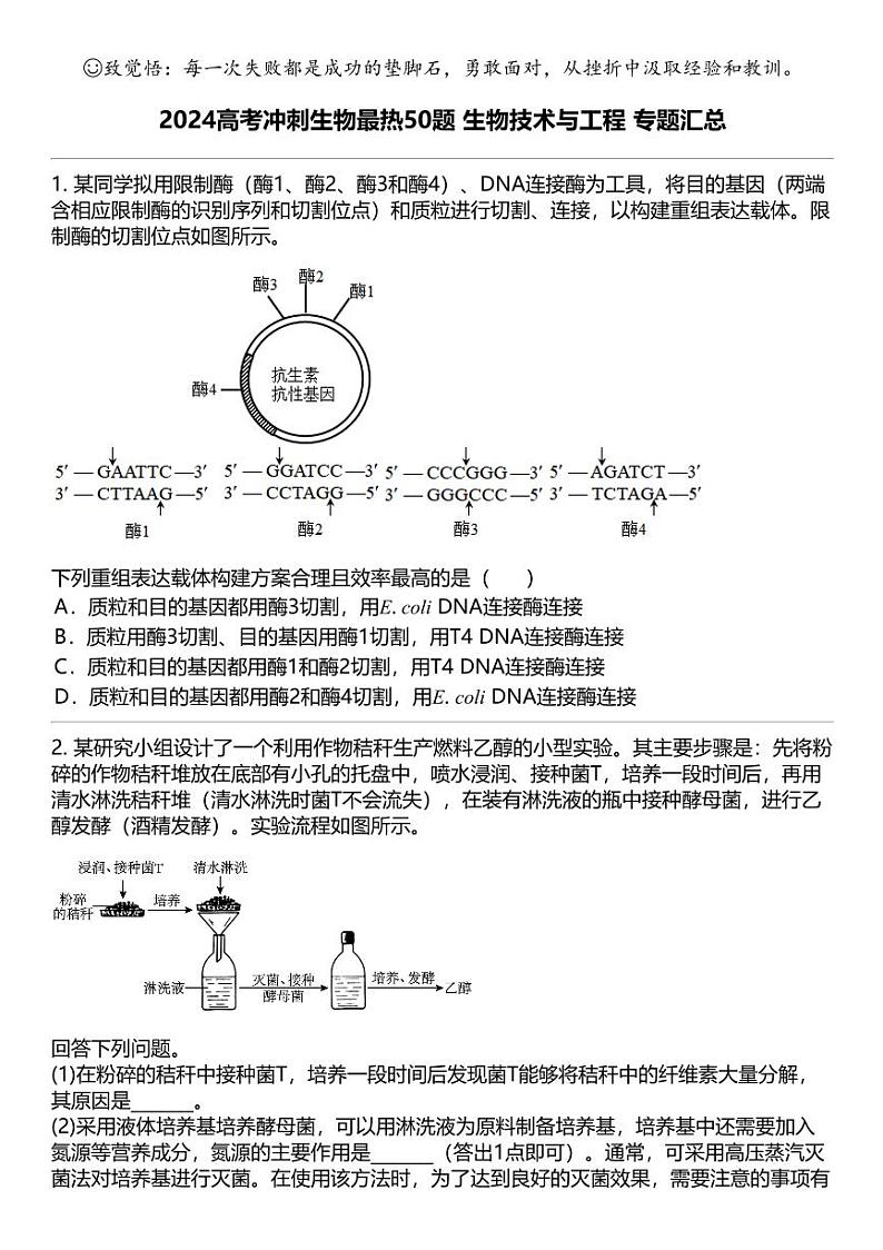 2024高考冲刺生物最热50题 生物技术与工程 专题汇总01