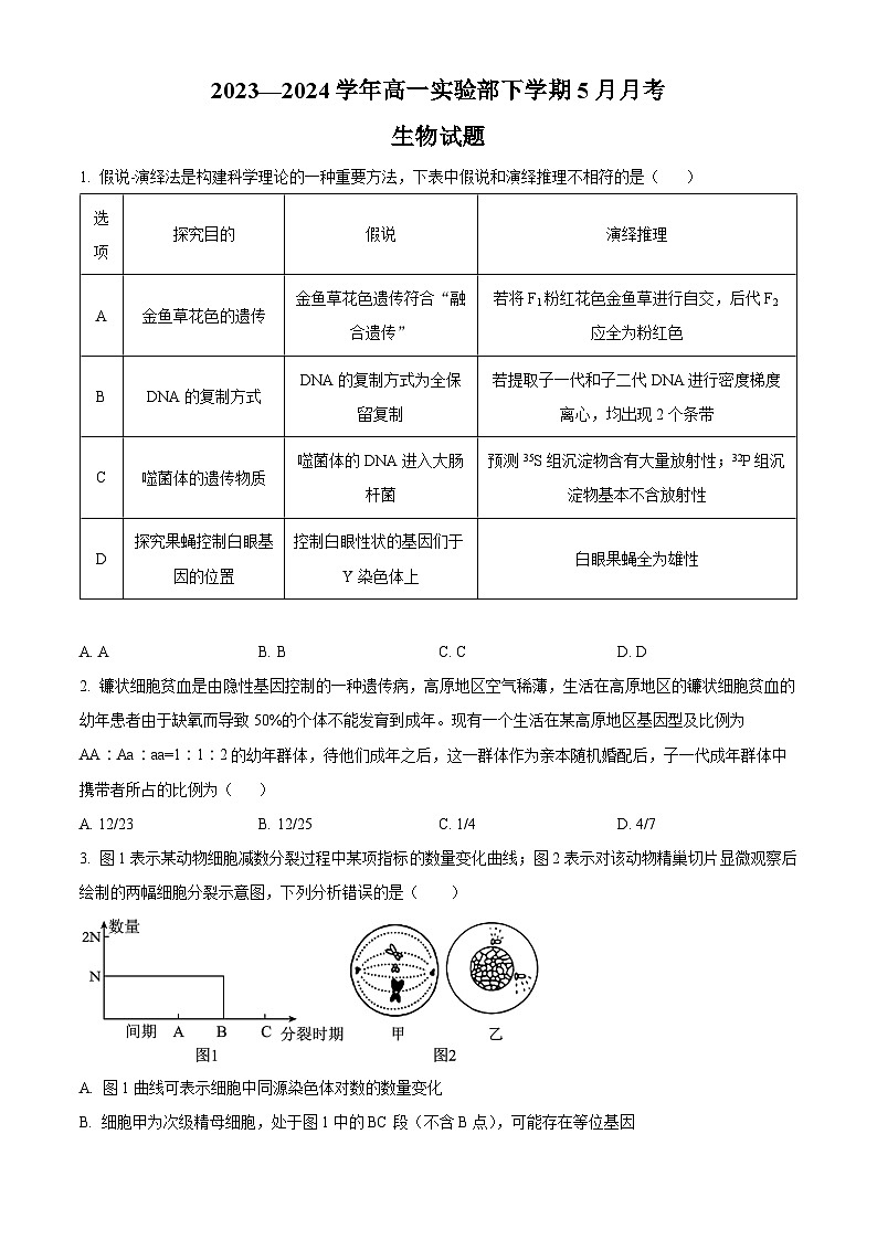 河南省郑州市中牟县第一高级中学2023-2024学年高一下学期5月月考生物试题（原卷版+解析版）01