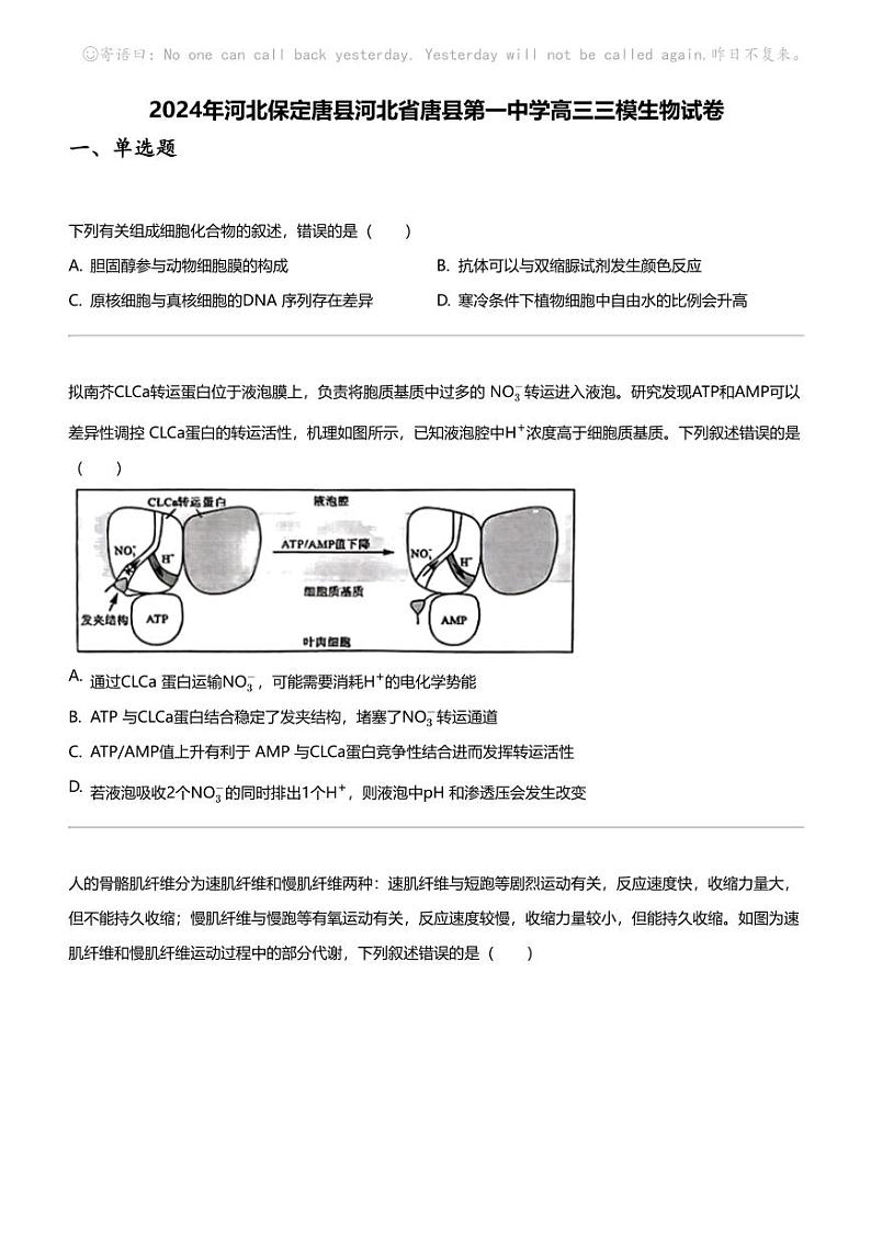2024年河北保定唐县河北省唐县第一中学高三三模生物试卷01