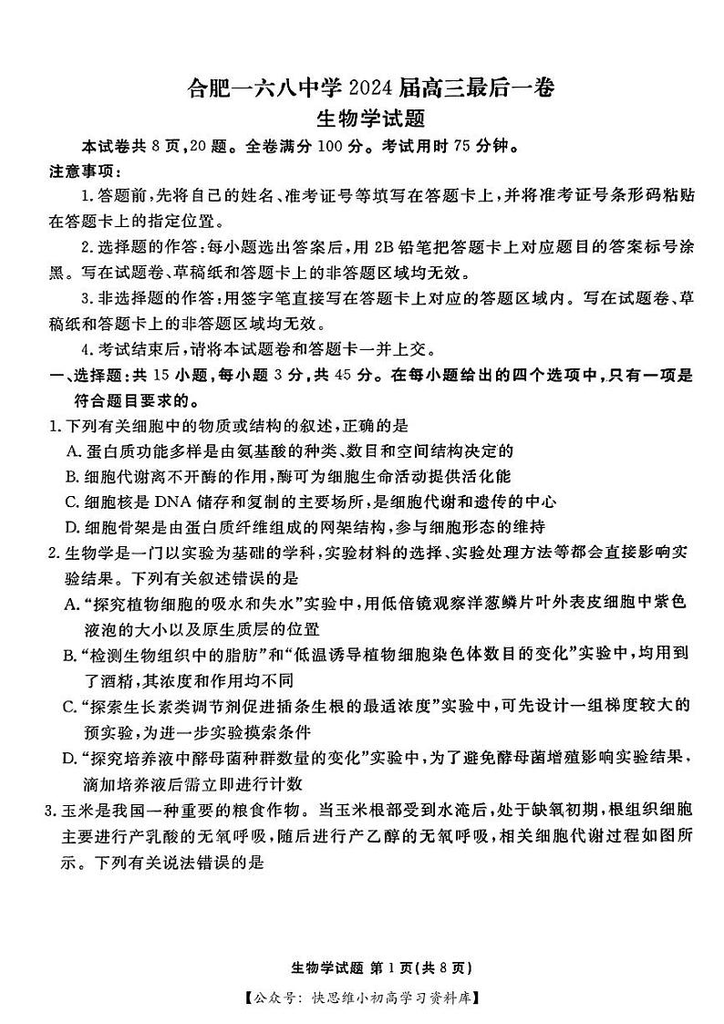 合肥一六八中学2024届高三最后一卷生物试卷及参考答案01