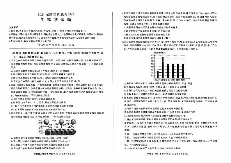 百师联盟2024届高三押题卷（四）生物试卷第1页