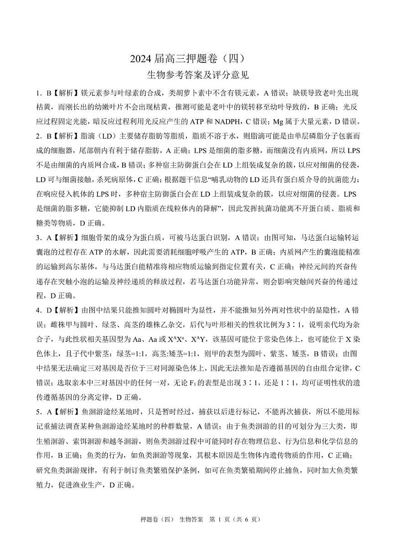 百师联盟2024届高三押题卷（四）生物答案第1页