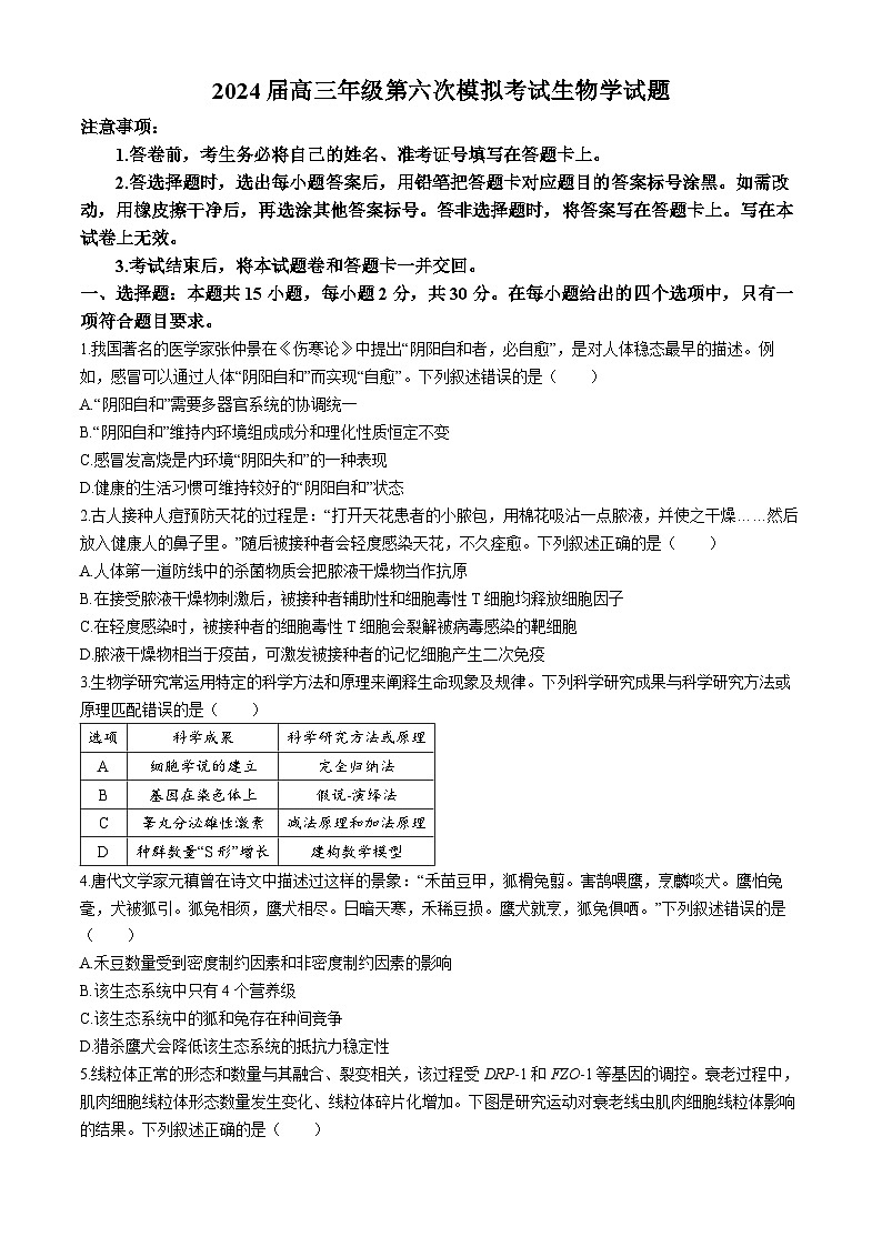 2024届吉林省长春市东北师范大学附属中学高三模拟预测生物试题(无答案)第1页
