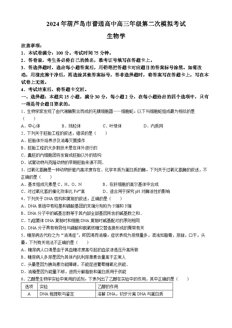 2024辽宁省葫芦岛市高三二模生物试卷(无答案)第1页