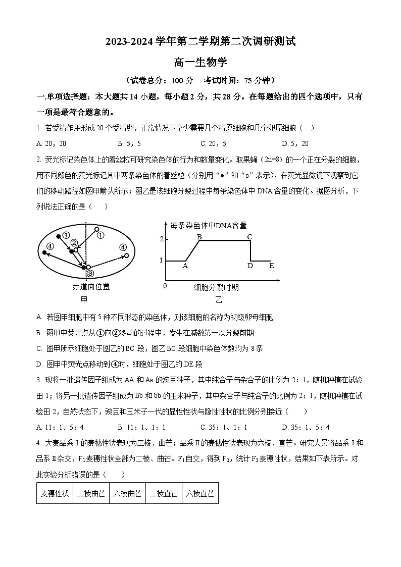 江苏省南京市六校联合体考试2023-2024学年高一下学期期中考试生物试题（原卷版+解析版）01