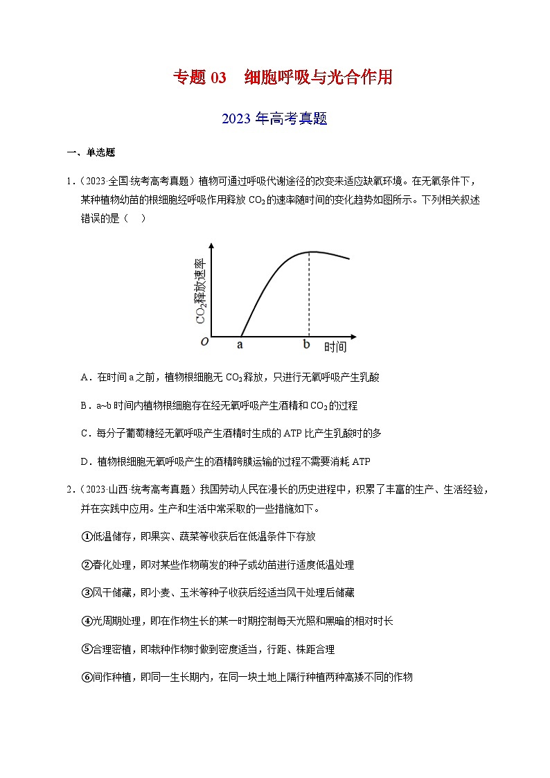 （全国通用）2013-2023年高考生物真题分项汇编专题03细胞呼吸与光合作用（学生版+教师版）01
