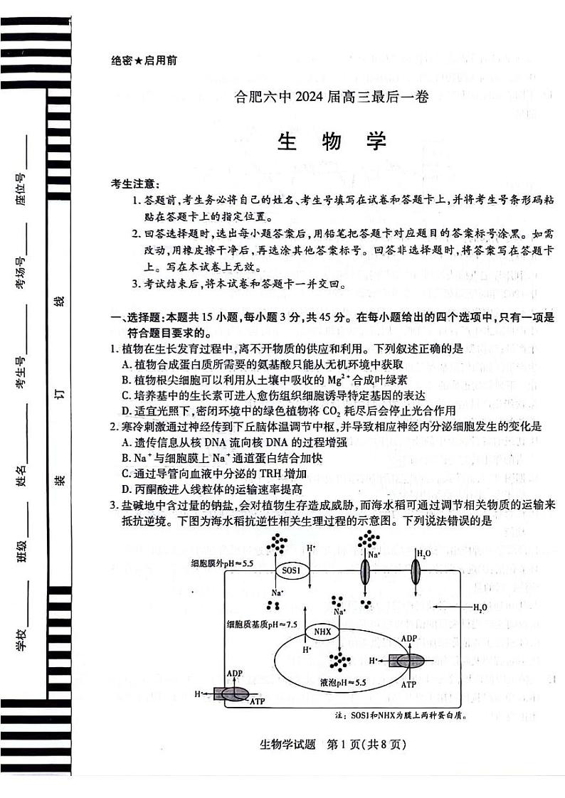2024届安徽省合肥六中高三最后一卷生物试卷01
