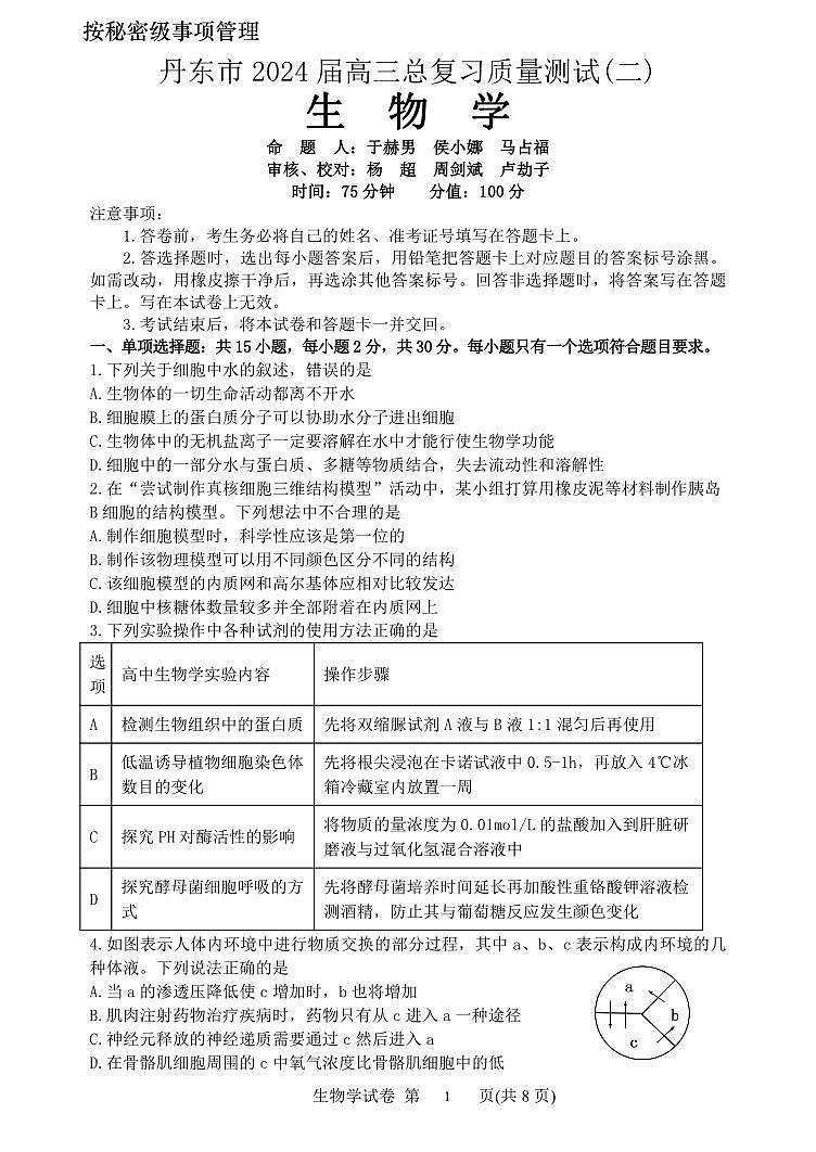 2024丹东高三下学期总复习质量测试（二）生物PDF版含答案第1页