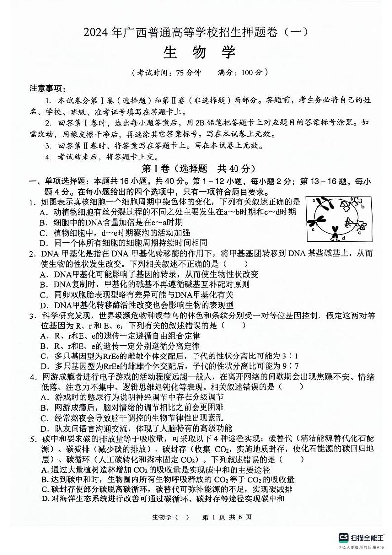 广西普通高等学校招生2024届高三下学期押题卷（一）生物试题（PDF版附解析）01