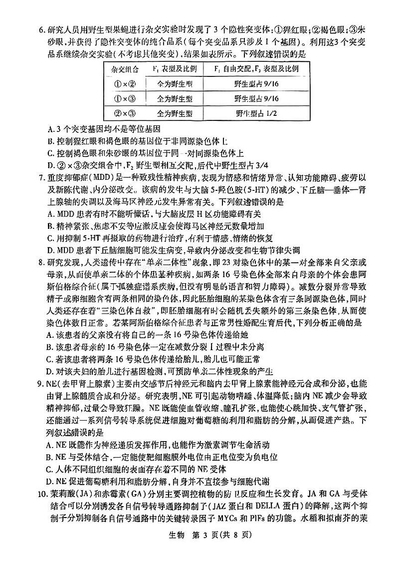山东省智慧上进2024届高三下学期5月大联考生物试题（PDF版附解析）第3页