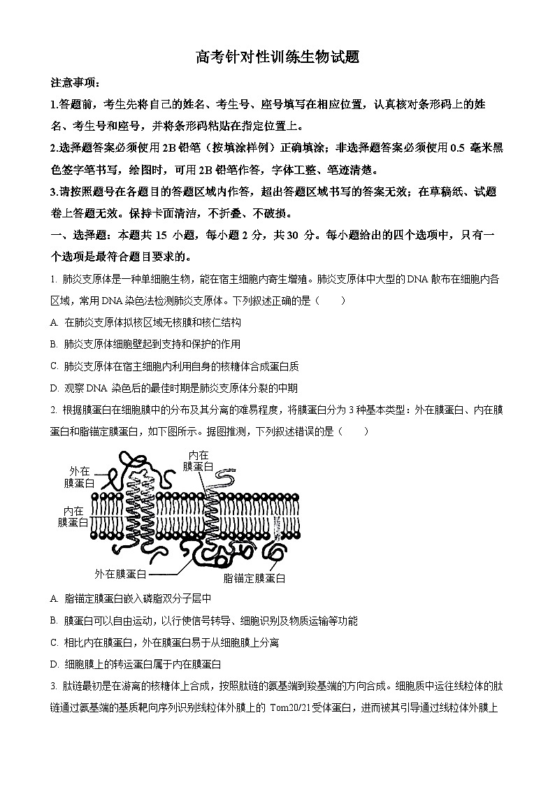 2024届山东省济南市高三下学期5月高考针对性训练生物试题（原卷版）第1页