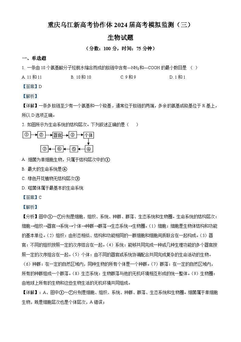 2024届重庆市乌江新高考协作体高三模拟预测生物试题（解析版）第1页