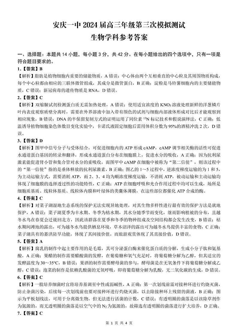 2024届安徽省安庆市第一中学高三三模考试生物试题01