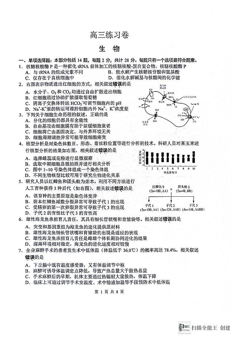2024届江苏省南通市模拟预测生物试题第1页