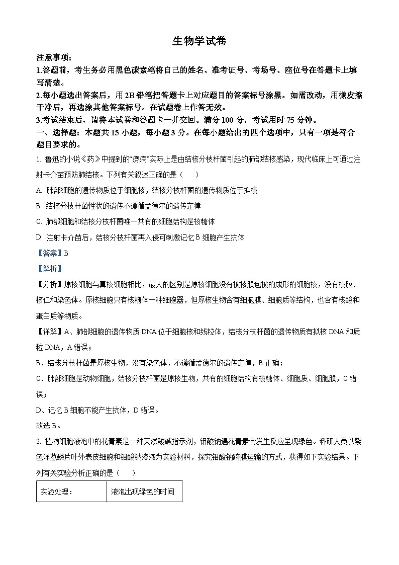 2024届重庆市部分学校高三下学期5月巴渝名校联合考试生物试卷（解析版）第1页