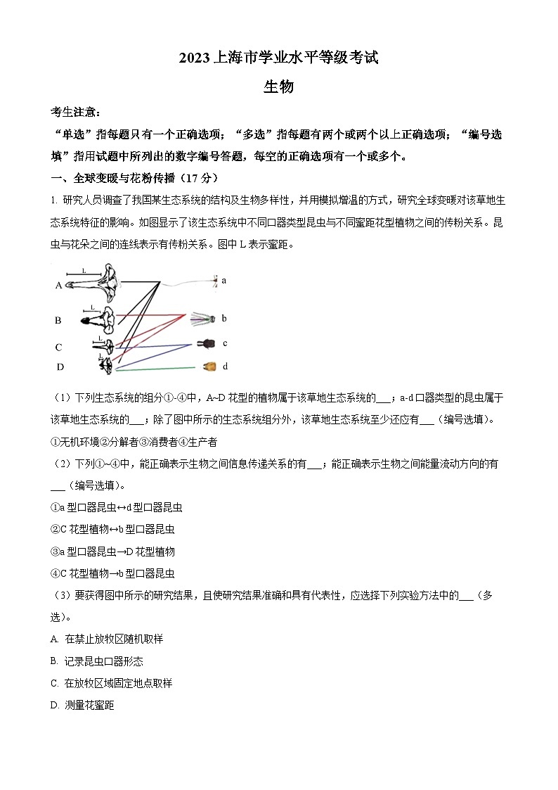 2024年上海市高中学业水平等级考试生物试题（原卷版+解析版）01