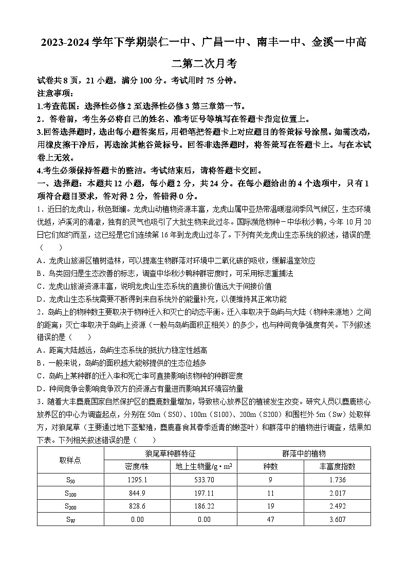 江西省抚州市四校2023-2024学年高二下学期第二次月考生物试题（Word版附答案）01