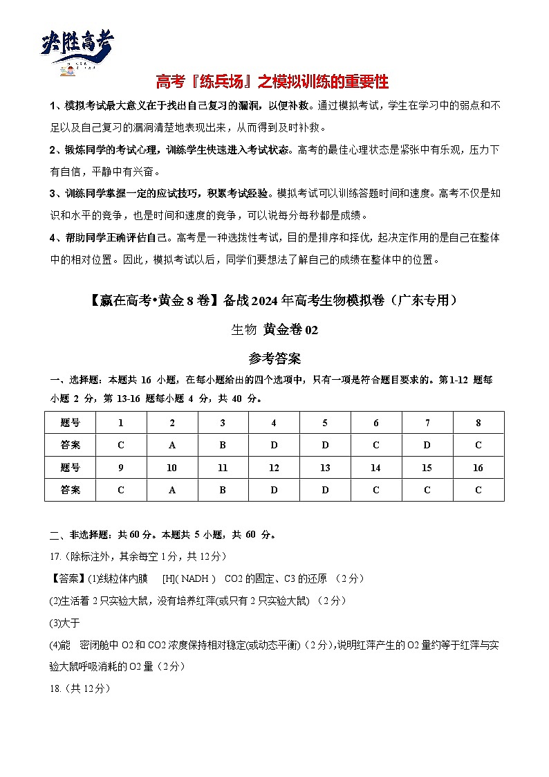 模拟卷02-【冲刺高考·临考模拟】备战2024年高考生物模拟卷（广东专用）01