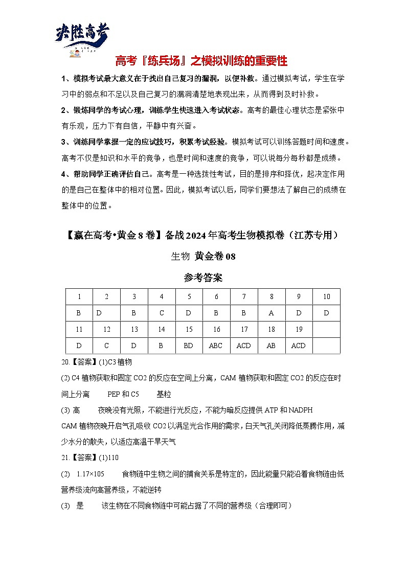 模拟卷08（参考答案）-【赢在高考·临考模拟】备战2024年高考生物模拟卷（江苏专用）第1页