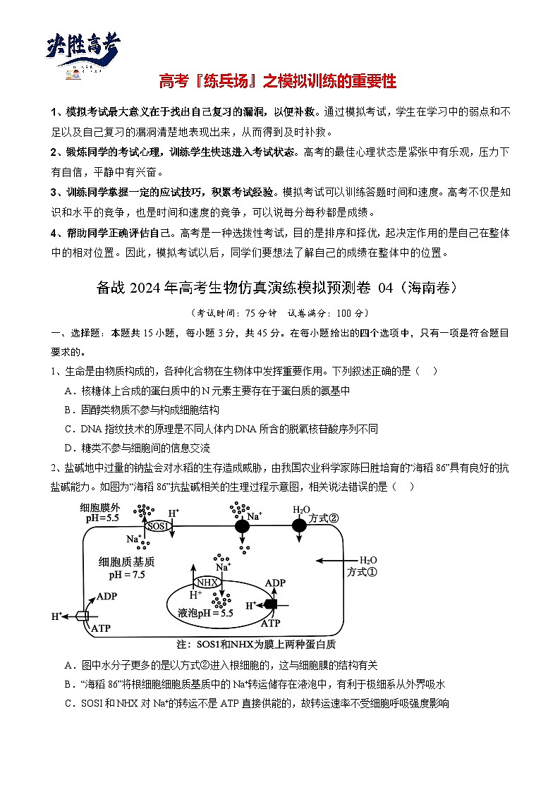 卷04-备战2024年高考生物仿真演练模拟预测卷（海南卷）（原卷版）第1页