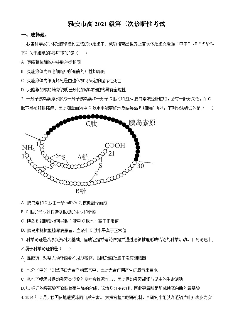 2024届四川省绵阳市雅安市高三第三次诊断性考试生物试题（学生版+教师版）01