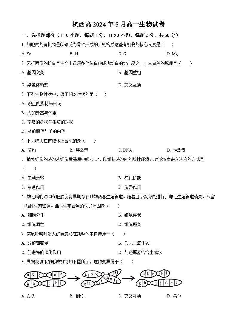 浙江省杭州市西湖区西湖高级中学2023-2024学年高一下学期5月月考生物试题（学生版+教师版）01
