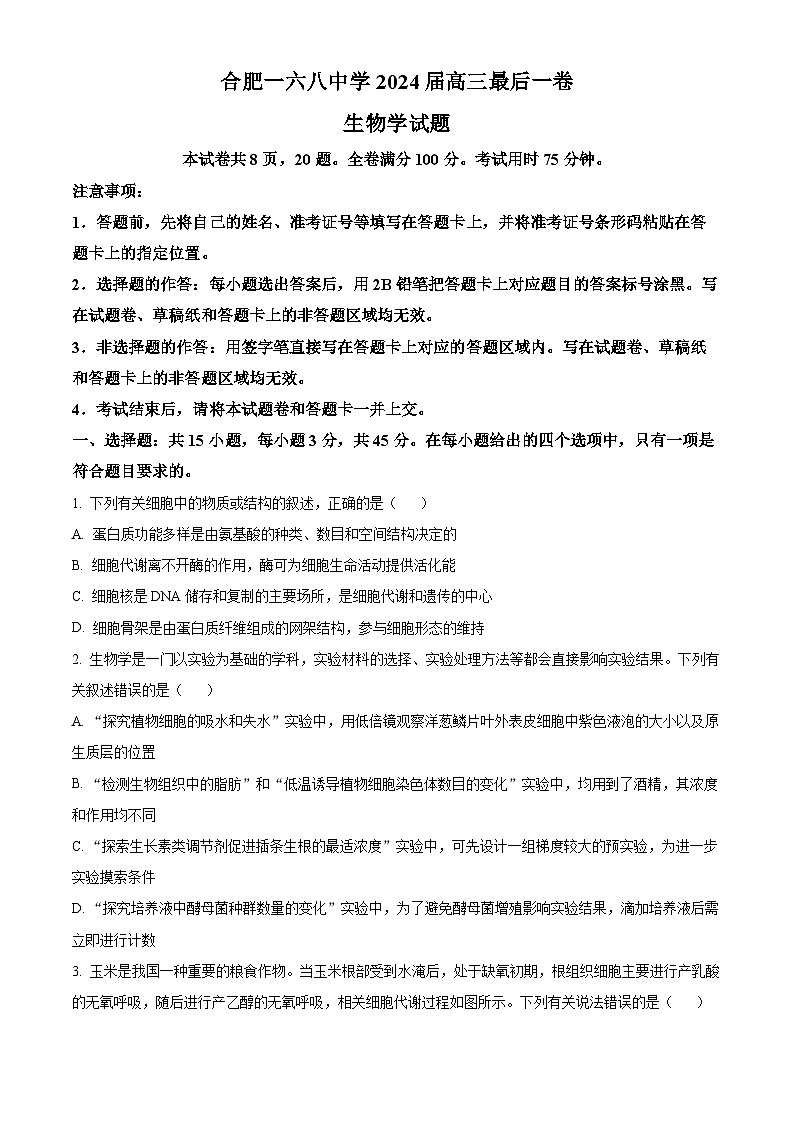 2024届安徽省合肥市高三最后一卷三模生物试题（学生版）第1页