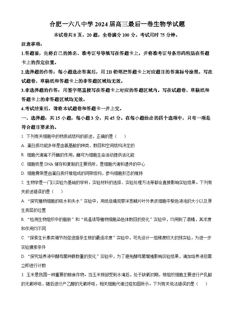 2024届安徽省合肥市一六八中学高三最后一卷（三模）生物试题（学生版）第1页