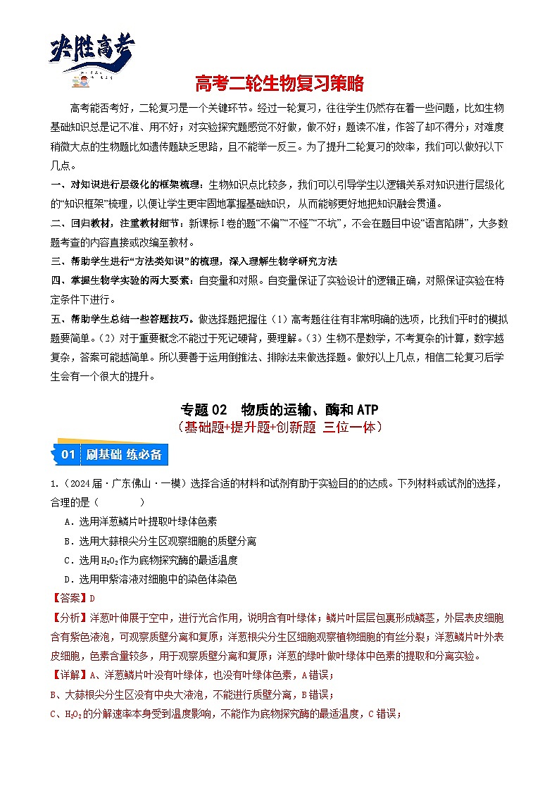专题02 物质的运输、酶和ATP-【分项汇编】2024年高考生物一模试题分类汇编（广东专用）01