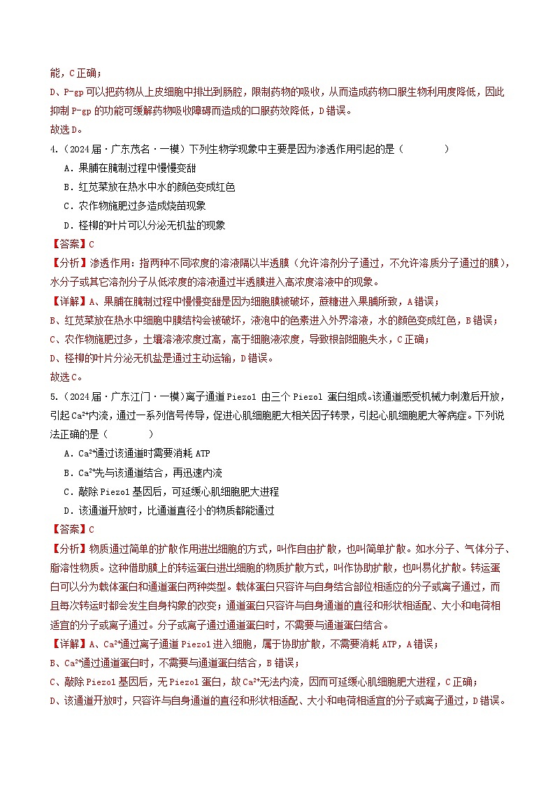 专题02 物质的运输、酶和ATP-【分项汇编】2024年高考生物一模试题分类汇编（广东专用）03