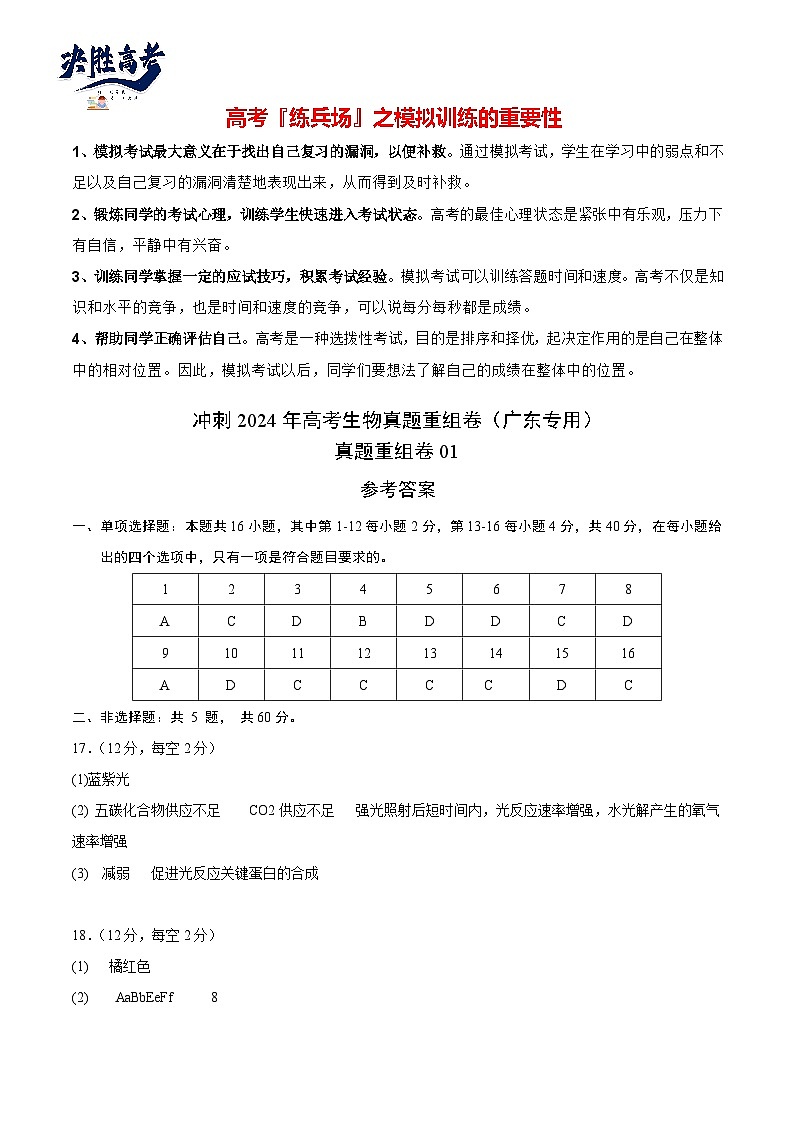 真题重组卷01-冲刺2024年高考生物真题重组卷（广东专用）01