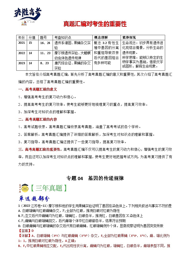 专题04 遗传的基本规律-分项汇编3年（2021-2023）高考1年模拟生物真题分项汇编（江苏专用）01
