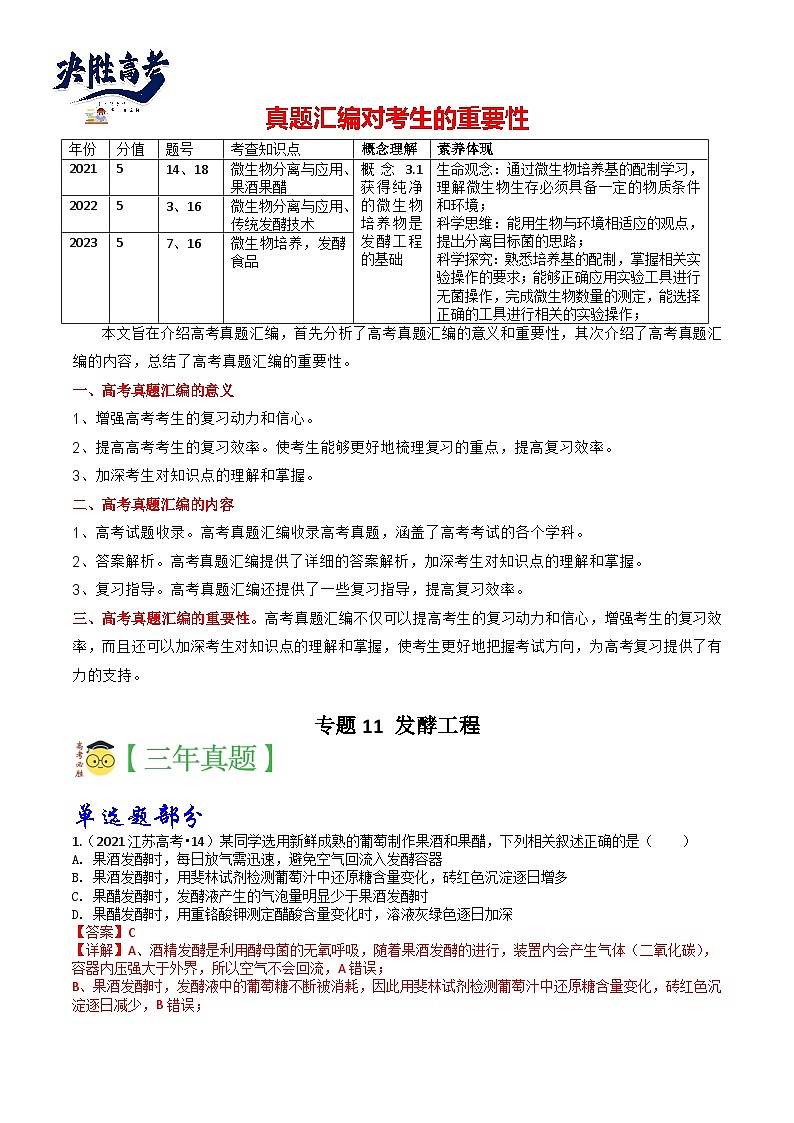 专题11 发酵工程-分项汇编3年（2021-2023）高考1年模拟生物真题分项汇编（江苏专用）01
