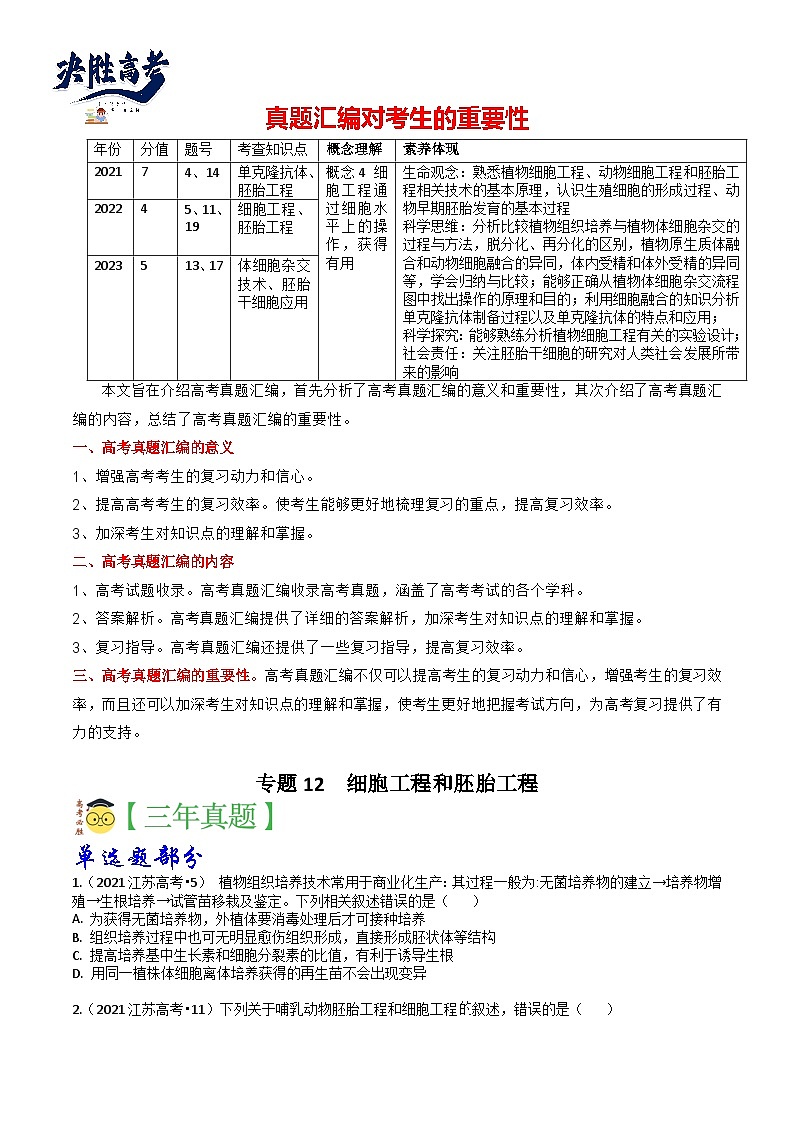 专题12 细胞工程-分项汇编3年（2021-2023）高考1年模拟生物真题分项汇编（江苏专用）01