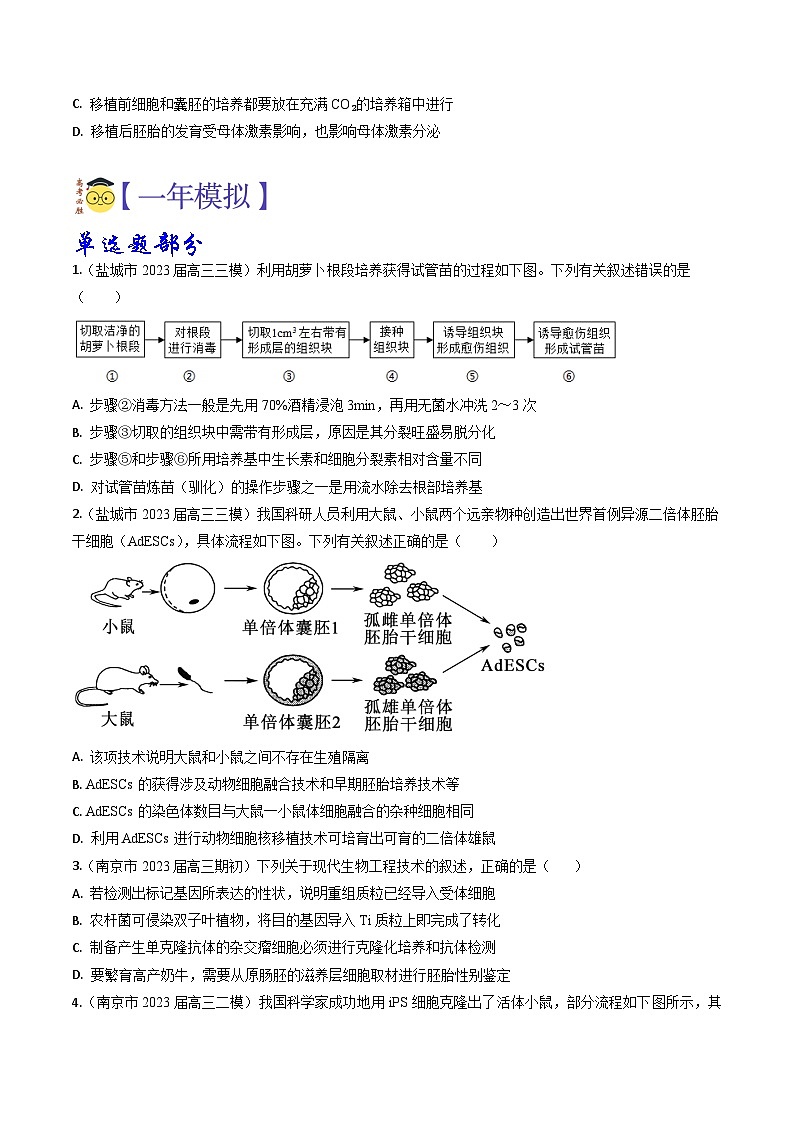 专题12 细胞工程-分项汇编3年（2021-2023）高考1年模拟生物真题分项汇编（江苏专用）03