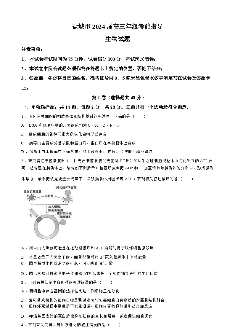 江苏省盐城市2024届高三年级下学期5月月末考前指导卷生物试题+答案第1页
