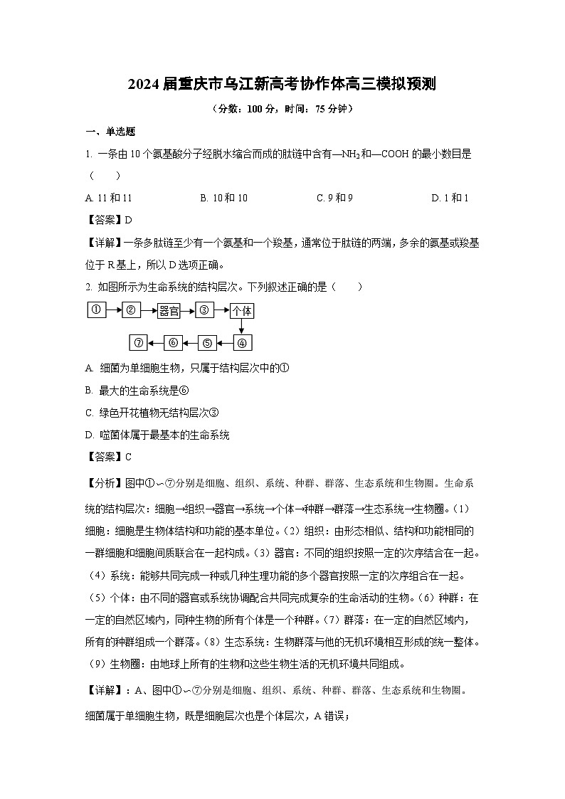 2024届重庆市乌江新高考协作体高三模拟预测生物试卷（解析版）01