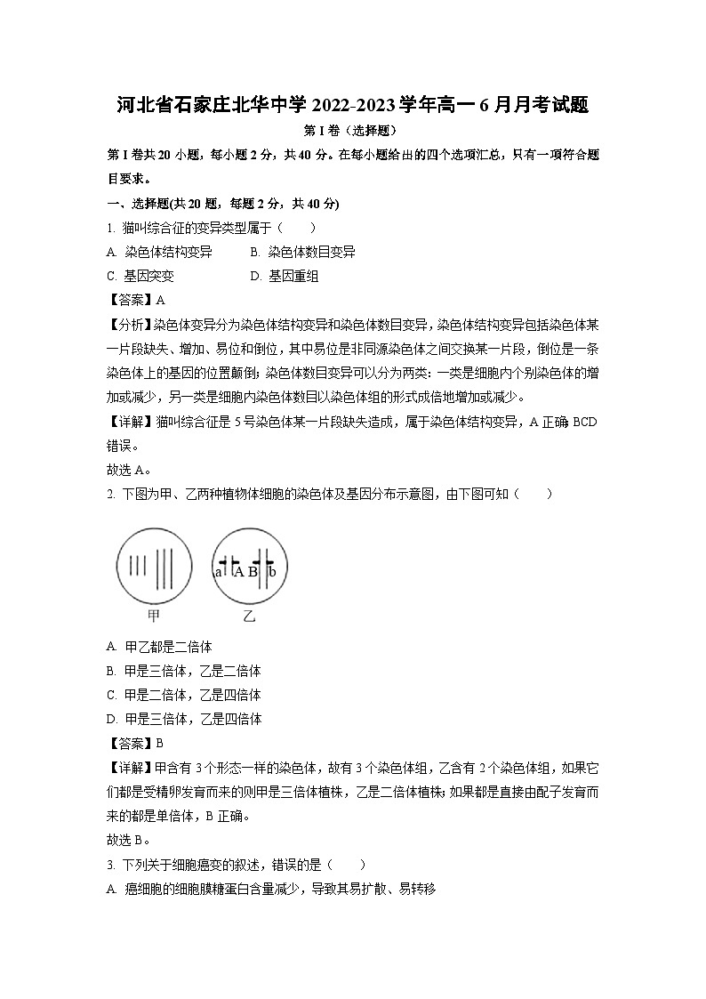 河北省石家庄北华中学2022-2023学年高一下学期6月月考生物试卷（解析版）第1页