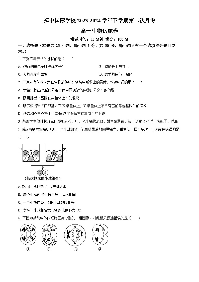 河南省郑州市郑中国际学校2023-2024学年高一下学期5月月考生物试题（学生版+教师版）01