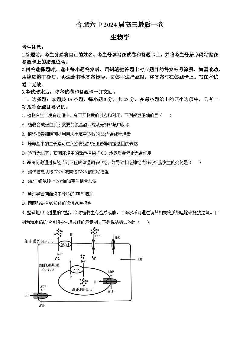 2024届安徽省合肥市第六中学高三最后一卷生物试题（学生版）第1页