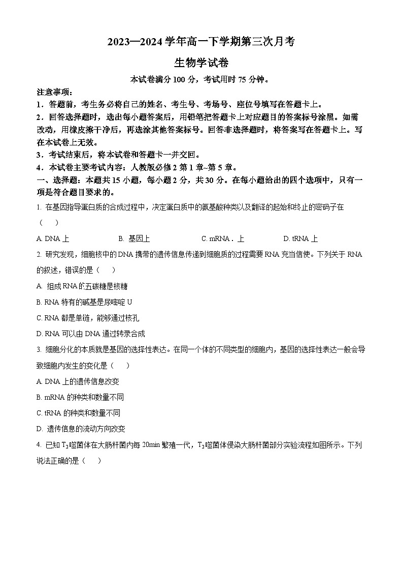 河南省创新发展联盟2023-2024学年高一下学期5月月考生物试题（学生版+教师版 ）01