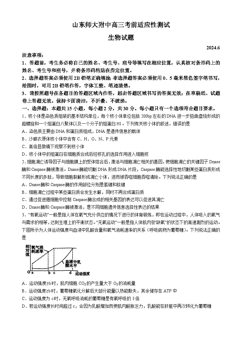 2024届山东省济南市山东师范大学附属中学高三考前适应性测试生物试题第1页